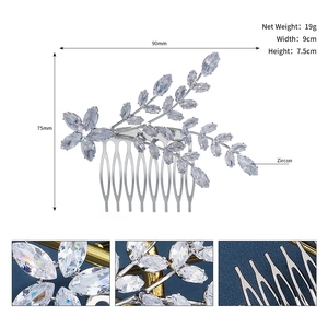 Detailed view of silver zircon flower hair comb showing precise dimensions and leaf structure