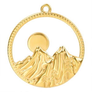 18k gold plated stainless steel round pendant with hollow mountain and sun landscape