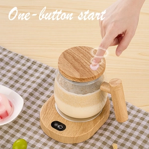 Electric self-stirring coffee mug with wooden texture lid and one-touch start button