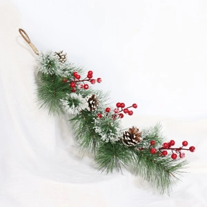 60cm Christmas wreath with green pine needles, red berries and snow-covered pinecones