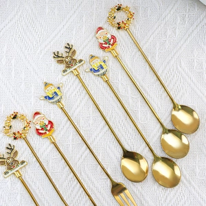 Stainless Steel Christmas Spoon And Fork Cartoon Santa Reindeer Charm Golden Dessert Coffee Stirring Cutlery For Holiday