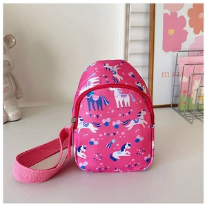 Detailed close-up of a pink unicorn print kids cross-body bag with red zipper closure