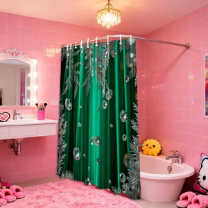 Detail of waterproof Christmas shower curtain with green stripes and silver pine branch prints