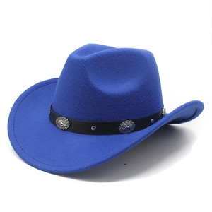 Blue felt cowboy hat with black leather band featuring silver metal conchos and studs