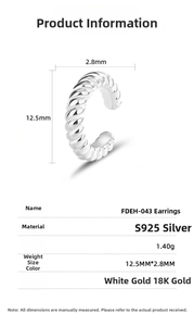 Detail view showing S925 silver twist ear cuff specifications in gold and silver finishes