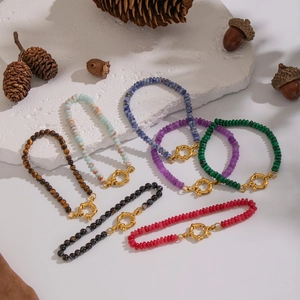 Retro handmade natural gemstone beaded bracelets with elegant golden buckle clasp