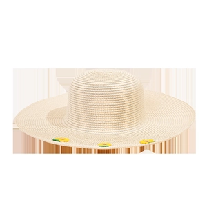 Cappello estivo di paglia beige per donna con tesa larga e ricami di girasoli per il sole