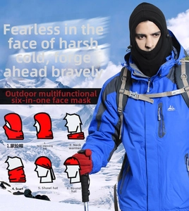 Outdoor fleece balaclava showing six wearing styles including scarf and face mask cover