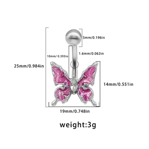 Tableau des tailles détaillé d'un piercing de nombril papillon avec paillettes et zircon