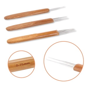Detailed view of 0.75mm dreadlock crochet hooks set with ergonomic bamboo handles