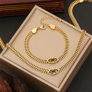 Evil Eye Pendant Necklace Stainless Steel Gold Plated Blue Crystal Chevron Flat Link Chain Trendy Jewelry For Women