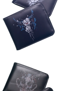 Multiple views of men's leather skull wallets in black and navy blue on white background