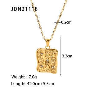 Detailed specs of gold celestial pendant necklace with dimensions and moon star patterns