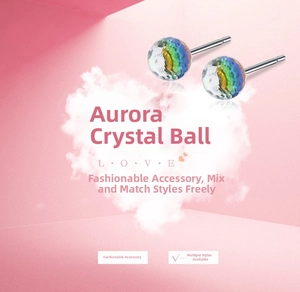 Macro shot of 925 silver aurora crystal ball stud earrings with multicolored facets