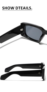 Macro shot of durable metal hinges and gold rivet accents on black Y2K rectangle sunglasses