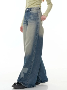 Women's vintage wash blue wide-leg jeans with butterfly print and high waist design