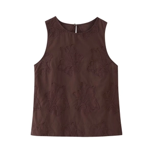 Gilet sans manches marron foncé avec broderies florales 3D détaillées ton sur ton