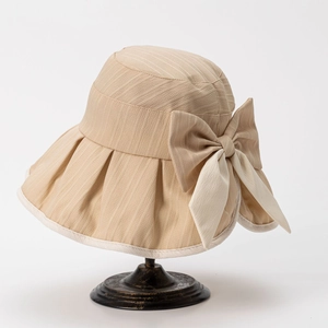 Women Wide Brim Bucket Hat Cotton Polyester Pleated Big Bow Sun Protection Summer Beach Vacation Elegant Retro Headwear