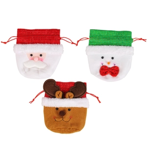 Three-piece Christmas drawstring gift bags featuring Santa, snowman, and reindeer designs