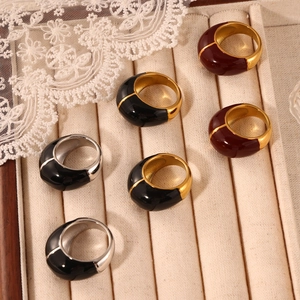 British vintage geometric gold plated titanium steel rings with red and black enamel inlay