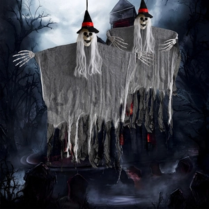 Detail of hanging Halloween skeletons with white hair and black wizard hats on spooky backdrop