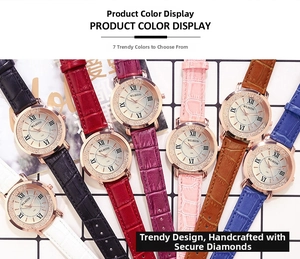 Detailed view of quartz women's watches in seven colors with faux crocodile leather straps