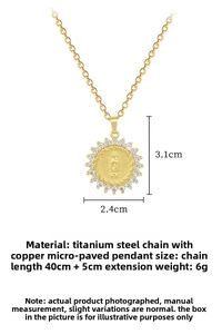 Macro detail of gold-plated pendant with Virgin Mary relief and sparkling pavé crystals