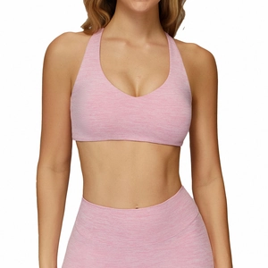 Pink brushed yoga set with high waist leggings and racerback sports bra for gym