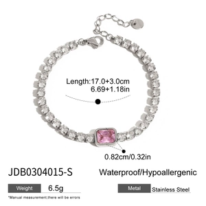 Detail showing stainless steel bracelet length specs and pink zircon stone center