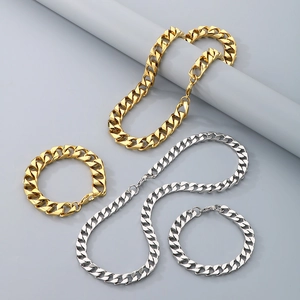 Polished gold and silver Cuban link necklaces and bracelets set in flat metal style