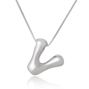 Close-up of polished silver uppercase letter V pendant with a minimalist box chain link