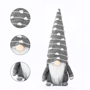 Detailed views of grey Christmas gnome showing knit texture, nose detail, and weighted base