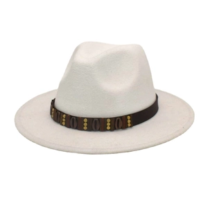 Detailed view of white felt fedora hat featuring brown braided band with gold studs