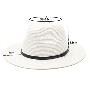 Detailed size chart for white straw Fedora hat showing 56-58cm circumference and 7cm brim
