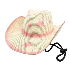Straw cowboy hat in cream white with pink star accents and windproof drawstring