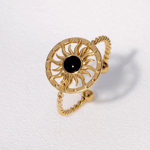 Bague Ouverte Fleur De Soleil En Acier Inoxydable Plaqué Or Vintage Boho Corde Torsadée Réglable Bijoux Femme