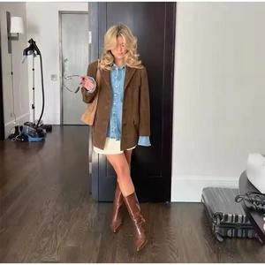 Deep brown faux suede oversized blazer styled with denim shirt and mini skirt