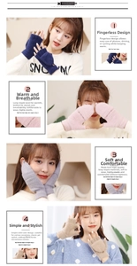 Detail of warm knit convertible flip-top mittens in navy blue, pink, grey and camel colors