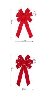 Detailed comparison of red velvet Christmas bows with gold and white edges and dimensions