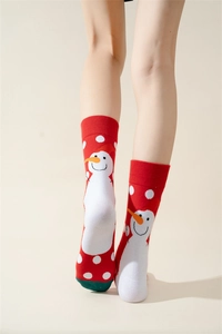 Detailed knit texture of red Christmas crew socks featuring white snowman and polka dot patterns