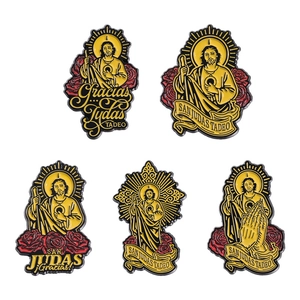 San Judas Tadeo enamel pin set with gold finish and red roses for clothing accessories