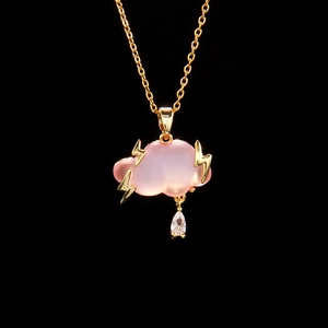 Pink cloud necklace with gold lightning and raindrop zircon pendant on a gold chain