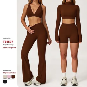 Ensemble de Yoga Brossé en Nylon et Élasthanne Femmes Top And Bottom Taille Haute Pantalon Évasé Soutien-Gorge de Sport