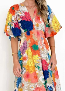 Close-up of V-neckline and puffed sleeves on floral print A-line summer dress