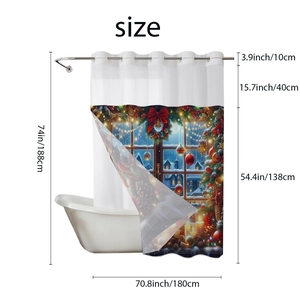 Christmas shower curtain with festive window wreath design and reinforced metal eyelets
