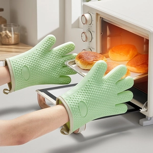 Silicone Oven Mitts Heat Resistant Thick Cotton Lined Non Slip Heart Texture Five Fingers Baking Gloves Kitchen Cooking