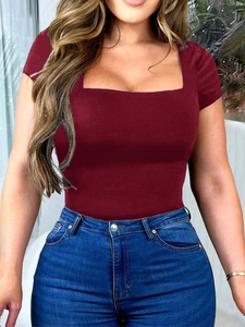 Detail view of the elegant square neckline on a soft wine red short sleeve T-shirt