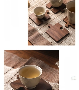 Detail shot of walnut wood puzzle coasters showing unique interlocking edges for table protection