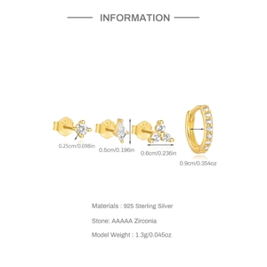 Detailed size specifications of S925 sterling silver gold earrings set with AAAAA zircon