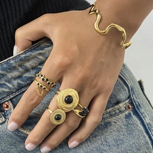 Gold plated stainless steel rings with black onyx gemstone inlays for women